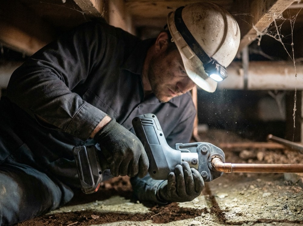 A plumber in a crawlspace pressing a copper pipe joint with a cordless press tool