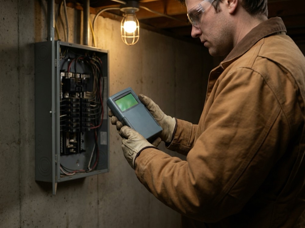 An electrician in a basement holding a handheld circuit tracer beside an open electrical panel