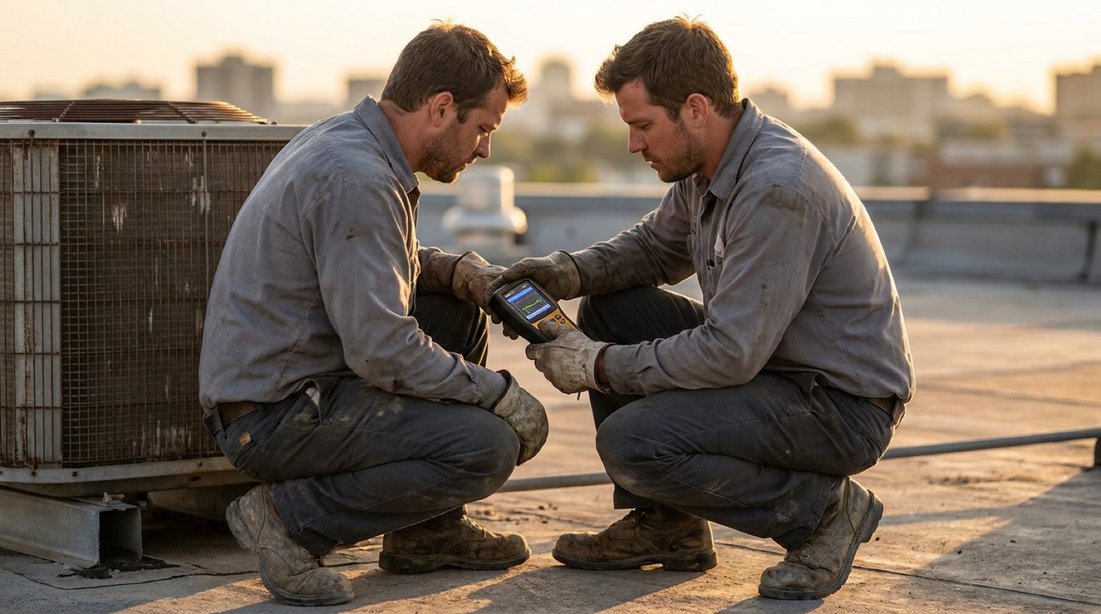 Two HVAC technicians kneeling on a rooftop beside a condenser unit, looking at a handheld digital leak detector at golden hour