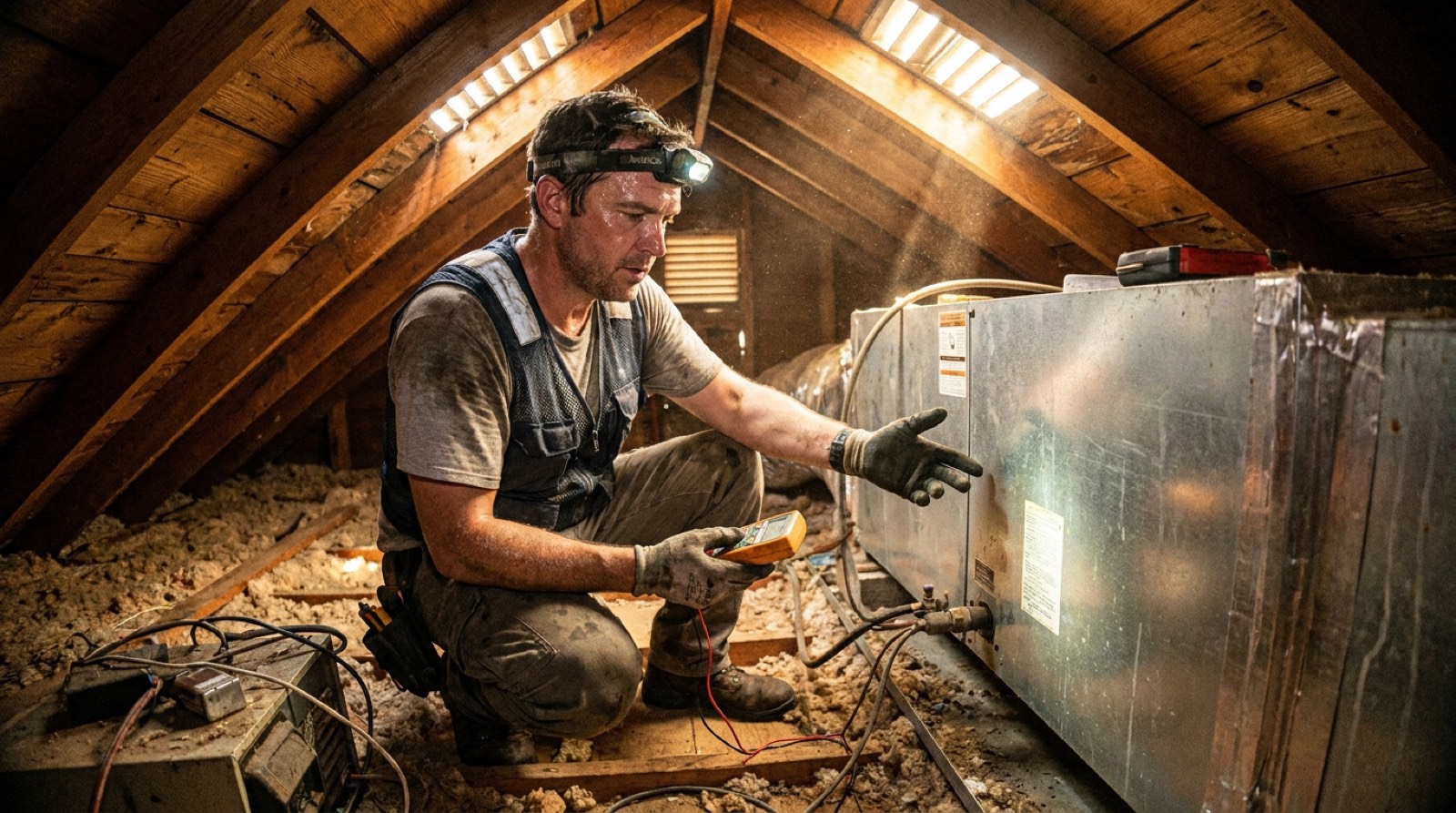 A technician in a hot attic with a headlamp working at an air handler with a handheld tool